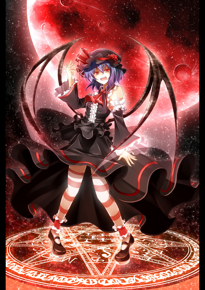 adapted_costume alternate_color ankle_cuffs bare_shoulders bat_wings detached_sleeves full_moon hat magic_circle mary_janes moon night night_sky open_mouth purple_hair red_eyes red_moon remilia_scarlet shirayuki_mutsumi shoes short_hair sky smile solo star_(sky) starry_sky striped striped_legwear thighhighs touhou wings