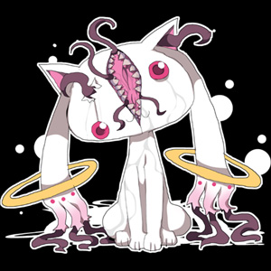 dangomushi full_body horror_(theme) kyubey looking_at_viewer lowres mahou_shoujo_madoka_magica monster no_humans outline pink_eyes sharp_teeth simple_background sitting teeth tentacles white_outline