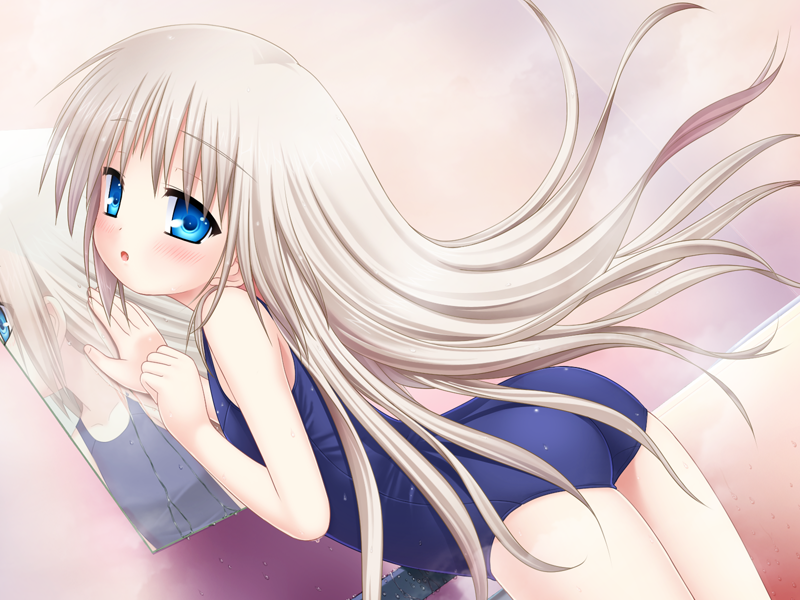 :o arched_back ass bathroom blonde_hair blue_eyes blush flat_chest game_cg indoors kud_wafter leaning_forward little_busters! long_hair mirror na-ga noumi_kudryavka one-piece_swimsuit open_mouth platinum_blonde_hair reflection school_swimsuit solo steam swimsuit very_long_hair wet