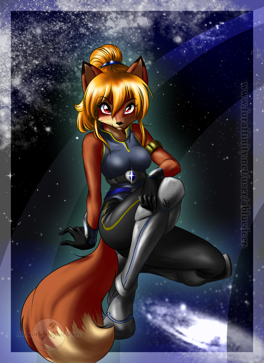 abluedeer blonde_hair breasts canine clothing female fox gloves hair looking_at_viewer red_eyes sleeveless_shirt solo stars tail uniform