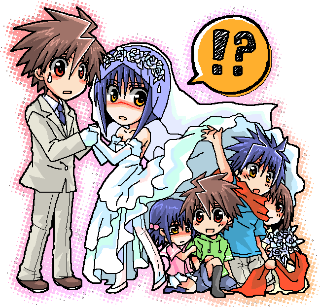 !? blue_hair brown_hair busou_renkin child children dress muto_kazuki mutou_kazuki scar tsumura_tokiko wedding_dress