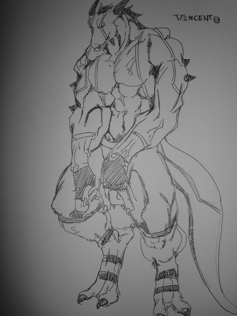claws dragon fangs horns male markings muscles reptile scalie sketch solo standing staticlustdemons tail