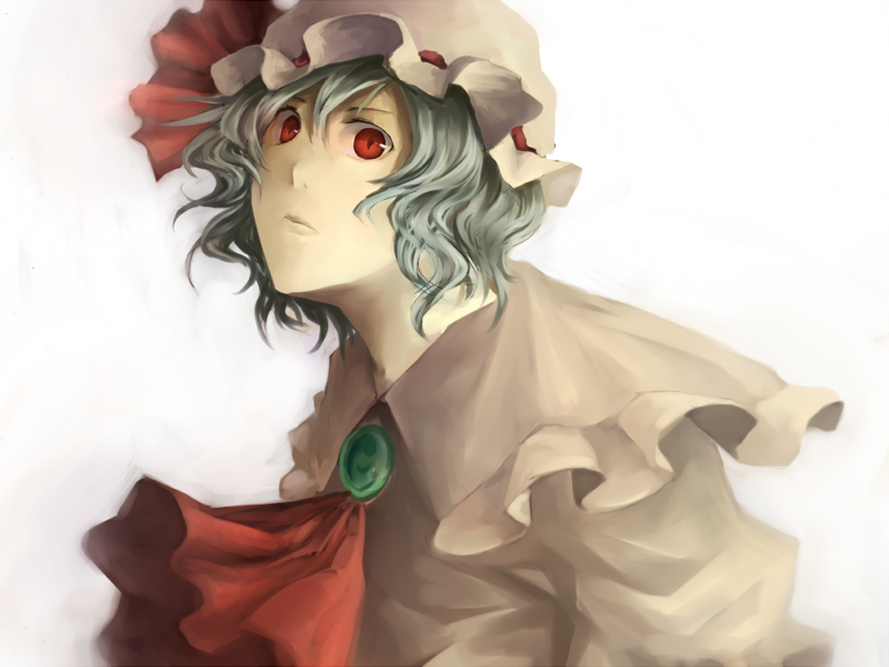 ascot bad_id bad_pixiv_id blue_hair brooch hat jewelry red_eyes remilia_scarlet short_hair solo touhou upper_body vitaminlemon