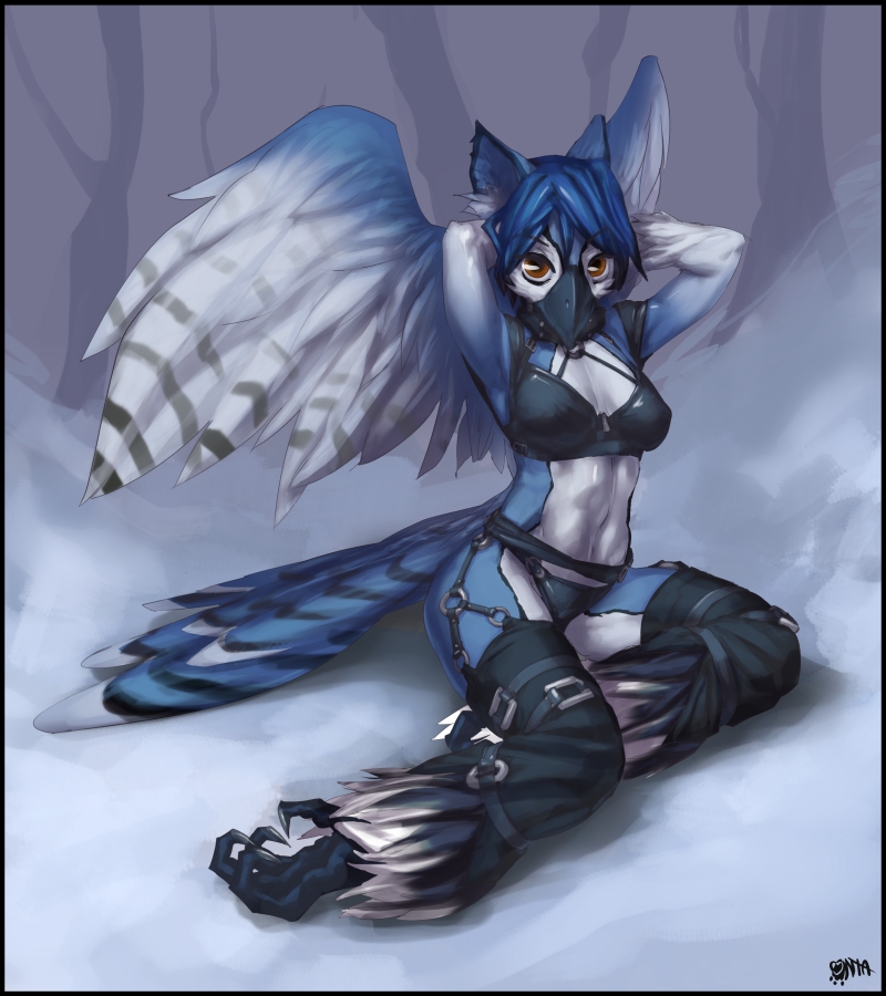 avian bikini bird blue_jay female half-gryphon hybrid leather onta orange04_(character) pose raised_arm skimpy solo straps