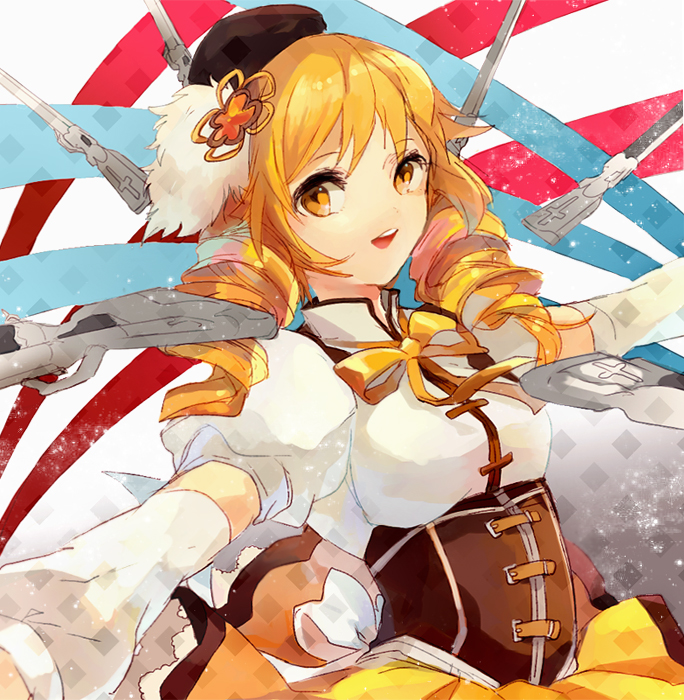 bad_id bad_pixiv_id beret blonde_hair detached_sleeves drill_hair gun hair_ornament hairpin hat magical_musket mahou_shoujo_madoka_magica pleated_skirt puffy_sleeves ribbon rifle short_hair short_twintails skirt solo tomoe_mami twin_drills twintails weapon welchino yellow_eyes