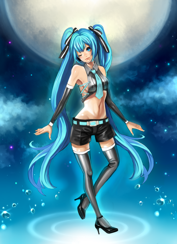 alternate_costume bad_id bad_pixiv_id bow crop_top hair_bow hatsune_miku long_hair midriff minami_haruya navel necktie one_eye_closed shorts solo thighhighs twintails very_long_hair vocaloid