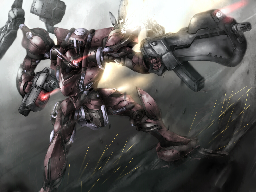 armored_core:_for_answer armored_core_4 bad_id bad_pixiv_id character_request dual_wielding glowing glowing_eyes gun holding mecha no_humans rifle weapon zenmai_iguana