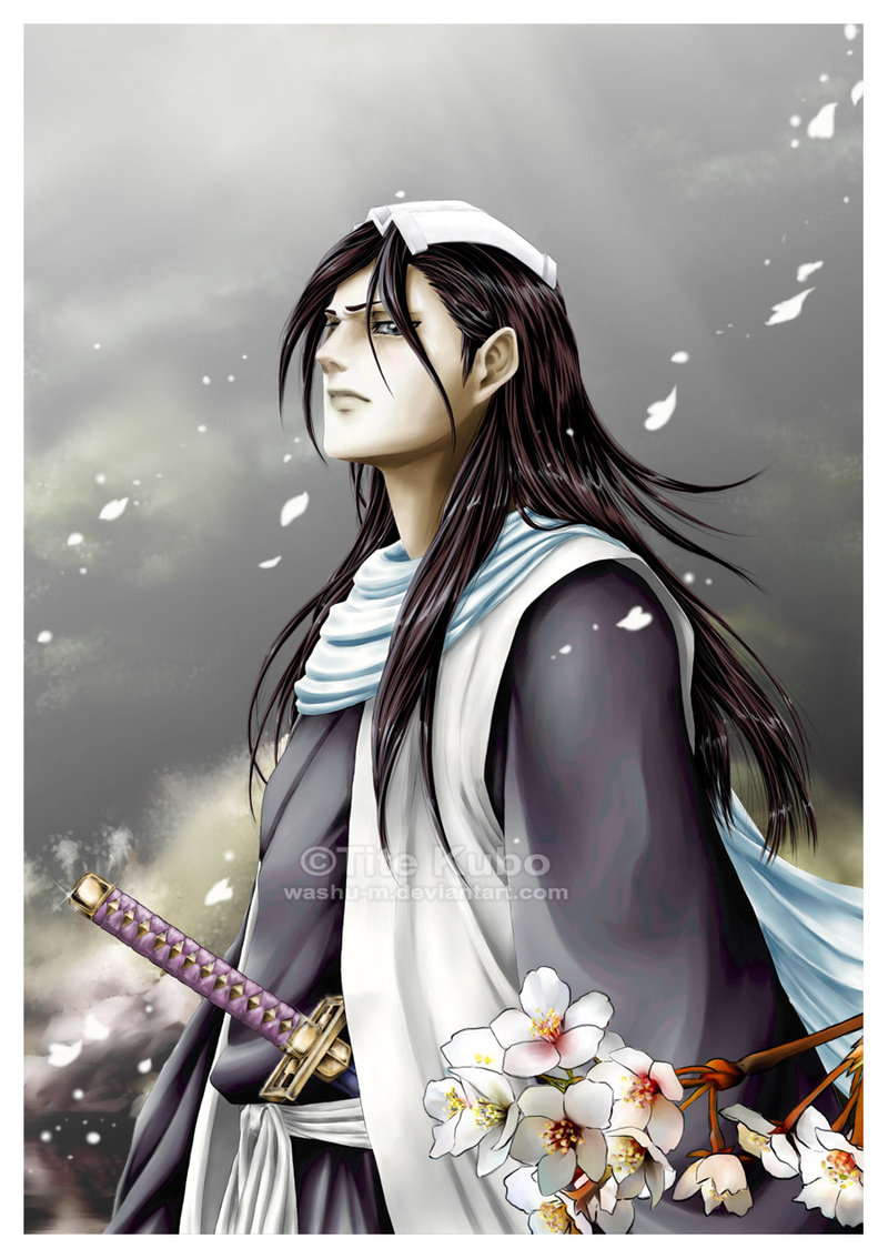 black_hair bleach japanese_clothes katana kuchiki_byakuya long_hair male_focus petals scarf solo sword washu_m weapon