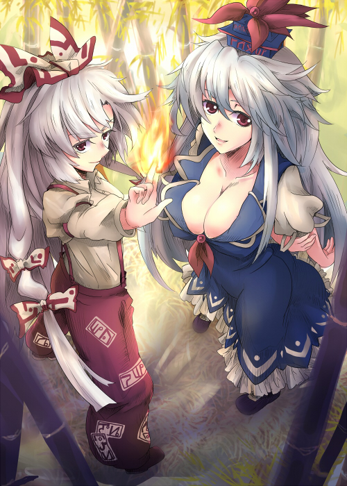 bad_id bad_pixiv_id bamboo bamboo_forest bow breasts cleavage dress dress_shirt fire forest from_above fujiwara_no_mokou hair_bow hat kamishirasawa_keine large_breasts long_hair multiple_girls nature pants red_eyes shirt silver_hair standing suspenders touhou very_long_hair white_hair yude