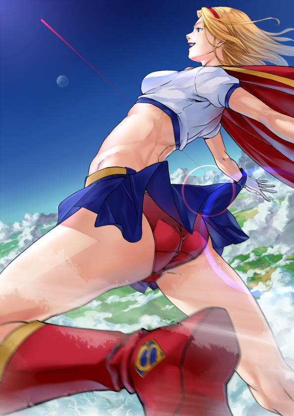 ass bad_id bad_pixiv_id blonde_hair blue_eyes boots cape cloud crop_top day dc_comics flying foreshortening gloves hairband himegami_shino lens_flare midriff motion_blur open_mouth skirt skirt_lift sky solo supergirl superman_(series)