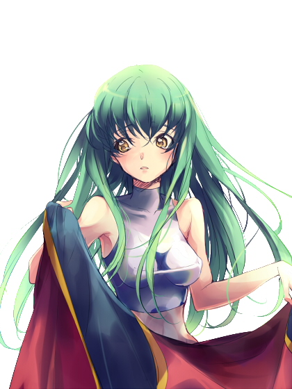 bare_shoulders breasts c.c. cc chu_nou code_geass female green_hair long_hair simple_background skin_tight solo tank_top tanktop white_background yellow_eyes