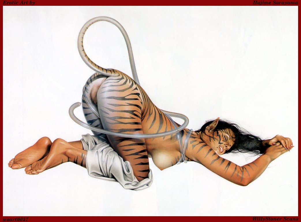 butt feline female hajime_sorayama hybrid nude pointy_ears presenting pubic_hair solo tiger