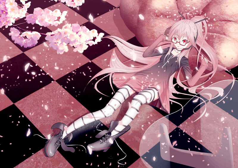boots checkered checkered_floor cul dress glasses long_hair lying on_back sitting solo striped striped_legwear thighhighs vocaloid vy1 yonasawa