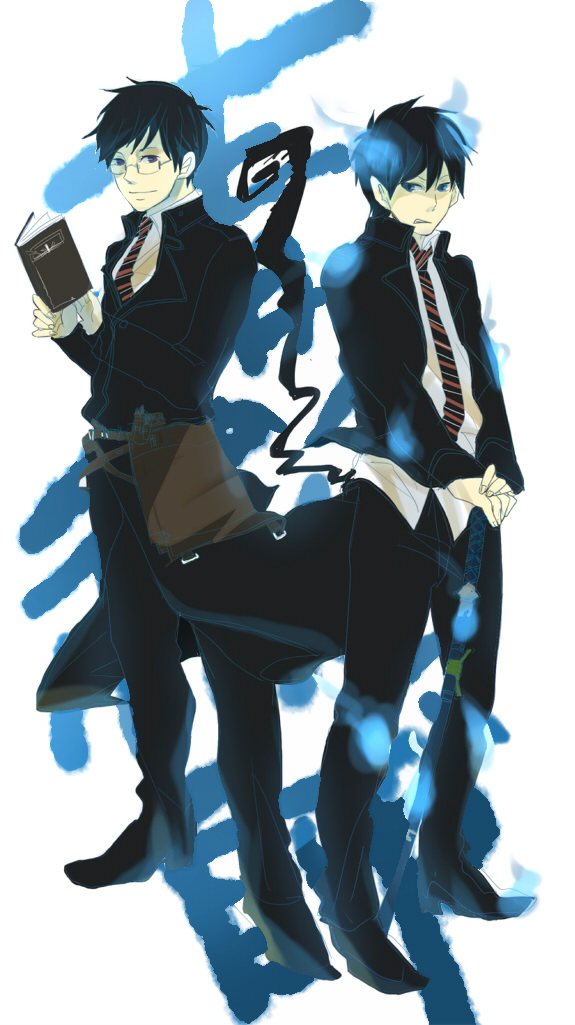 ao_no_exorcist artist_request bangs belt_pouch black_coat black_footwear black_hair black_jacket black_pants blazer blue_eyes blue_fire book brothers clenched_teeth closed_mouth collared_shirt dress_shirt fire flaming_sword full_body glasses hair_between_eyes hands_on_hilt holding holding_book jacket katana long_sleeves looking_at_viewer male_focus multiple_boys necktie okumura_rin okumura_yukio pants pointy_ears pouch red_eyes school_uniform sheath sheathed shirt shoes siblings smile standing striped striped_neckwear swept_bangs sword tail teeth untucked_shirt weapon white_background white_shirt