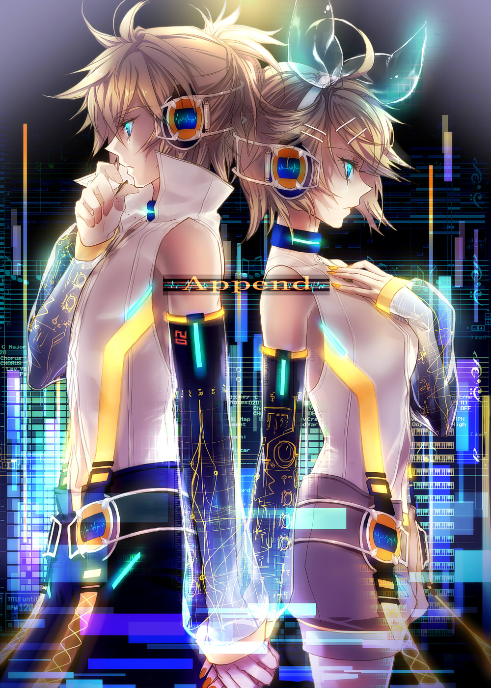 1girl aqua_eyes arm_warmers back-to-back blonde_hair brother_and_sister detached_sleeves hair_ornament hair_ribbon hairclip headphones highres holding_hands kagamine_len kagamine_len_(append) kagamine_rin kagamine_rin_(append) popped_collar ribbon short_hair shorts siblings twins vocaloid vocaloid_append yutif