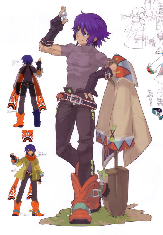 ahoge blue_eyes blue_hair boots buttons coat cowboy_boots dean_stark denim fujimoto_hideaki full_body gloves jeans knee_boots male_focus official_art pants scan scan_artifacts scarf shirt shovel simple_background sketch smile spurs white_background wild_arms wild_arms_5