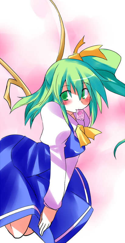 bow condom condom_in_mouth daiyousei green_eyes green_hair hair_bow long_hair mouth_hold side_ponytail solo tachiuo_nikominabe touhou wings