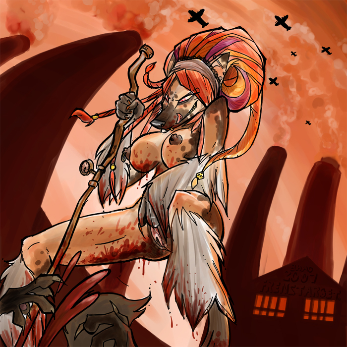 blood breasts canine chinese_crested_dog dog domination dreadlocks factory female female_domination fish_eye_lens kill licking_lips masturbation nude polearm post_apocalyptic pov pussy solo spear stab target_(artist) x_e_cute