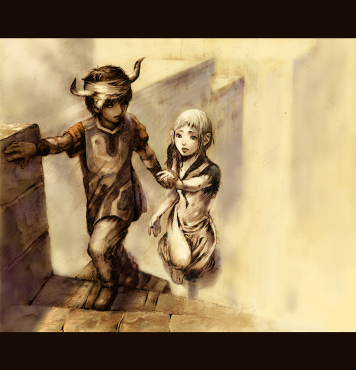1girl bandages barefoot black_hair dress holding_hands horns ico ico_(character) letterboxed sepia sepia_dress short_hair silver_hair stairs tabard teru_(blue3737) yorda