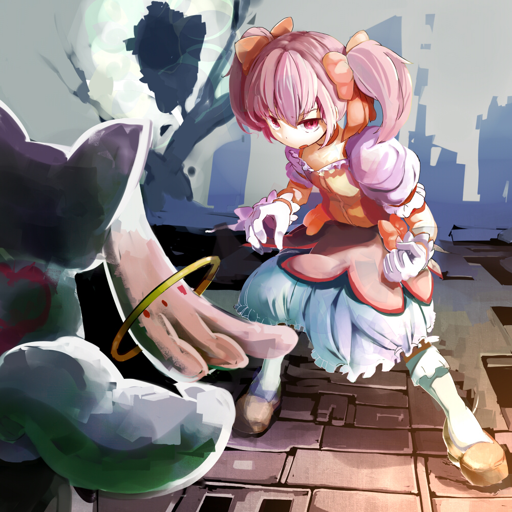 fighting_stance from_behind gloves kaname_madoka kyubey magical_girl mahou_shoujo_madoka_magica pink_eyes pink_hair shoes short_hair twintails waaaaaaaaa white_gloves witch's_labyrinth