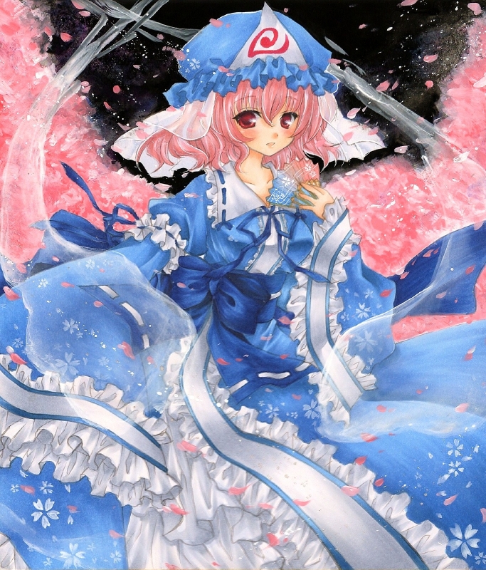 acrylic_paint_(medium) breasts bug butterfly cherry_blossoms fan folding_fan ghost hat insect japanese_clothes medium_breasts pink_hair rano_(u_rano) red_eyes saigyouji_yuyuko solo touhou traditional_media triangular_headpiece