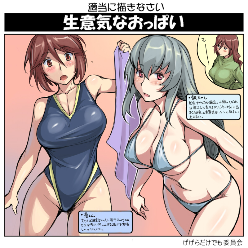 bikini blush breasts brown_hair cleavage competition_swimsuit large_breasts long_hair multiple_girls older one-piece_swimsuit red_eyes rozen_maiden short_hair siblings silver_hair sisters souseiseki suigintou suiseiseki surprised swimsuit towel translation_request tsuda_nanafushi twins