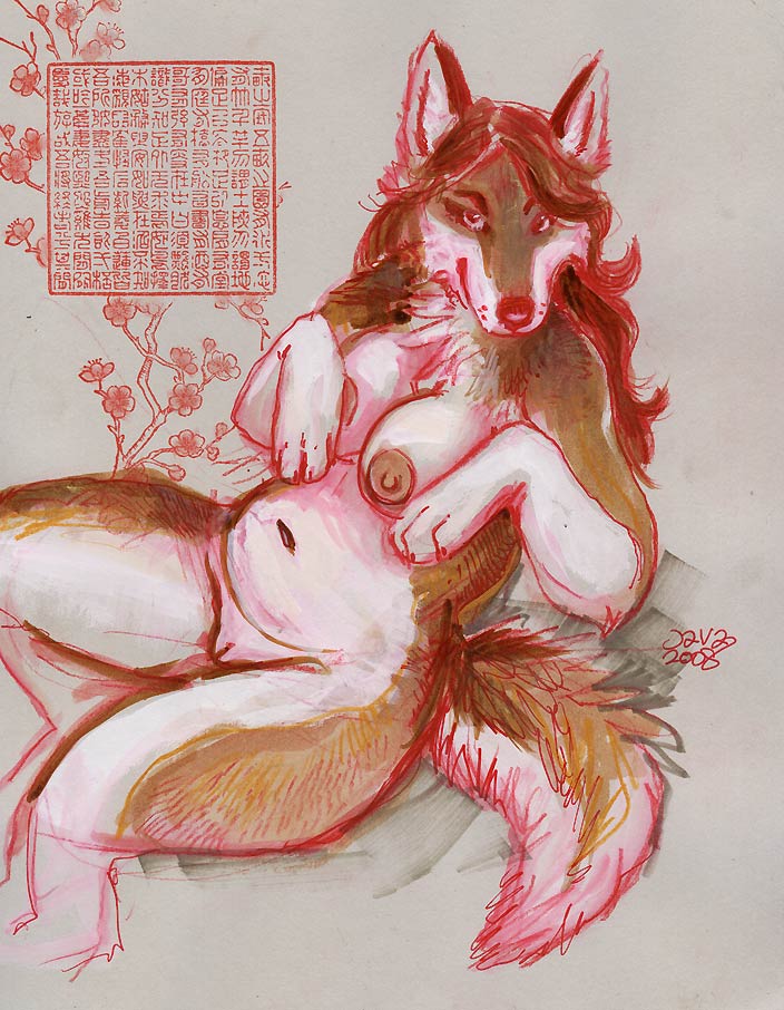 allison_reed canine chinese_text dog female hair handpaw java javadog long_hair long_red_hair nude paws print red_hair solo translation_request