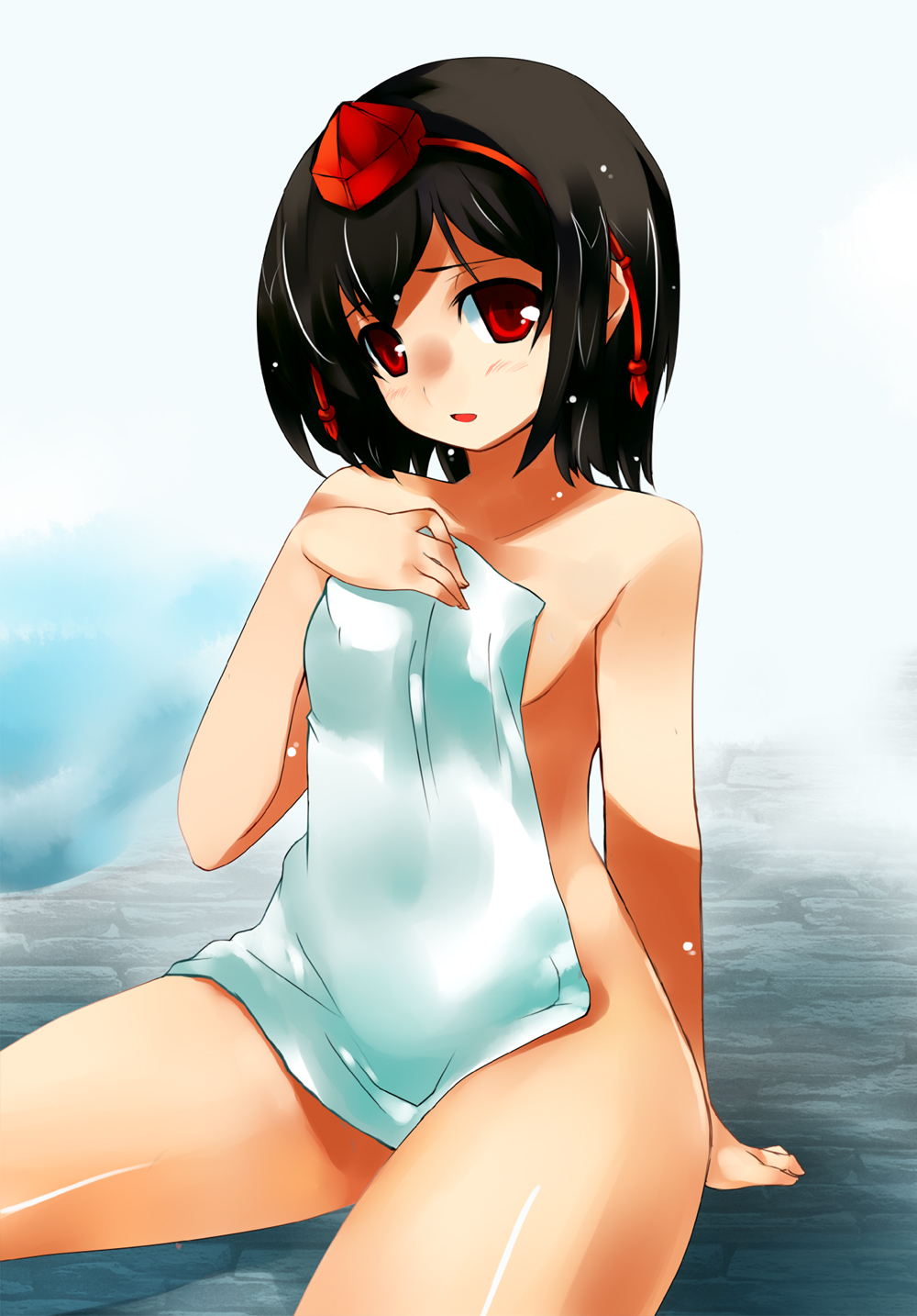 arm_support black_hair blush covering hat highres looking_at_viewer nude nude_cover open_mouth red_eyes sawamura_hikaru shameimaru_aya short_hair sitting smile solo tokin_hat touhou towel