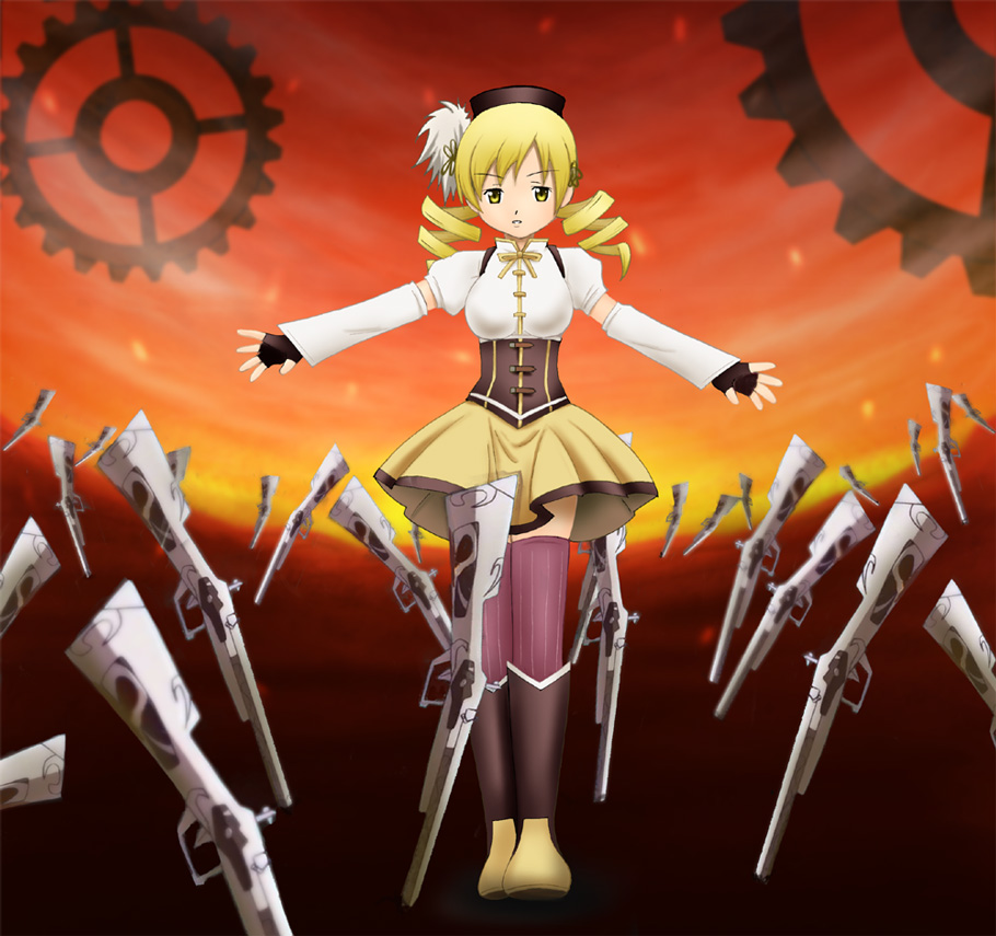 beret blonde_hair boots corset detached_sleeves drill_hair fate/stay_night fate_(series) field_of_blades fingerless_gloves fuuma_nagi gears gloves gun hair_ornament hairpin hat long_hair magical_girl magical_musket mahou_shoujo_madoka_magica md5_mismatch orange_background parody planted_weapon pleated_skirt puffy_sleeves rifle skirt solo striped striped_legwear thighhighs tomoe_mami twin_drills twintails unlimited_blade_works vertical-striped_legwear vertical_stripes weapon yellow_eyes yellow_skirt zettai_ryouiki