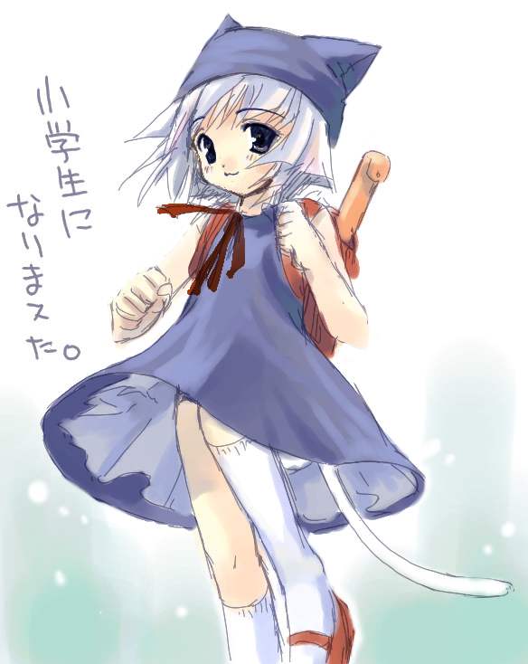 blue_eyes cat_ears catgirl dress female hair japanese_text solo tail text unknown_artist white_hair