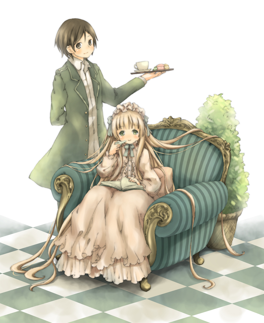 1girl aquariumtama blonde_hair book butler checkered checkered_floor cup dress food gosick gown hairband kujou_kazuya lolita_fashion long_hair macaron no_nose pipe plant short_hair sitting striped sweets very_long_hair victorica_de_blois