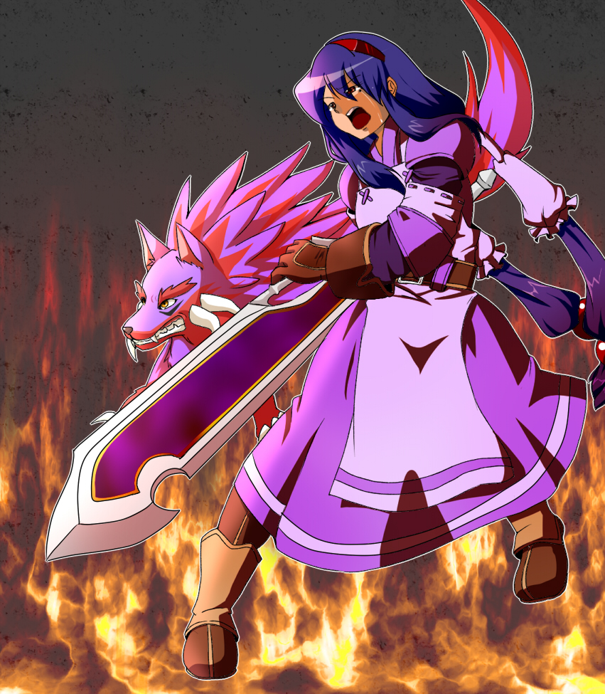 anastasia_valeria angry apron belt boots dress fang fire gloves hair_ornament hairband hairpin hazime-karbo long_hair luceid_(wild_arms) open_mouth purple_hair red_eyes sidelocks sword tears twintails very_long_hair weapon wild_arms wild_arms_2 wolf yellow_eyes