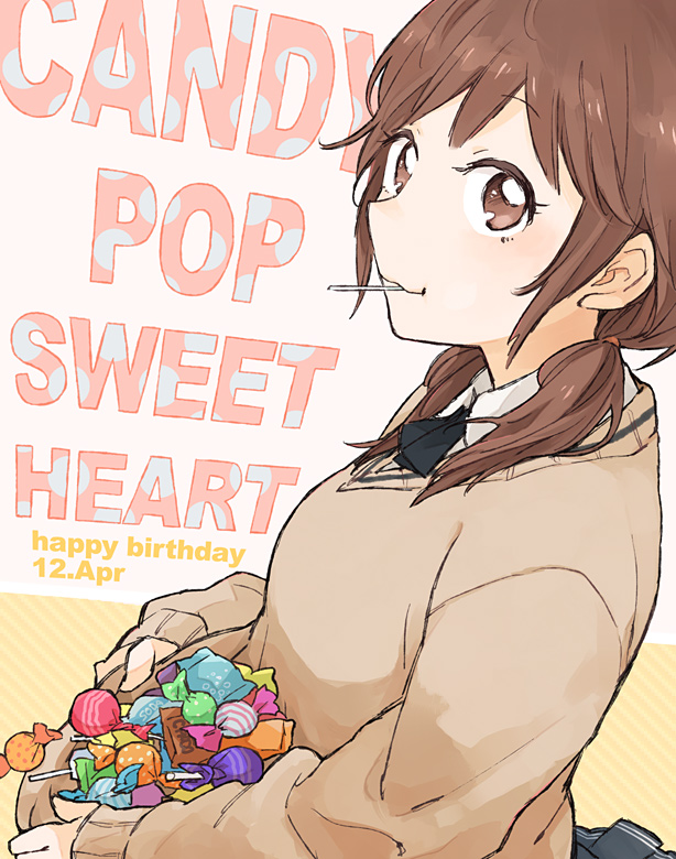 amagami blush breasts brown_eyes brown_hair candy food lollipop medium_breasts mouth_hold peg sakurai_rihoko school_uniform short_hair smile solo sweater