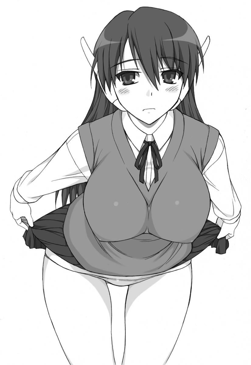 bent_over blush breasts covered_nipples greyscale highres large_breasts long_hair monochrome robot_ears school_uniform serio shichimenchou simple_background skirt skirt_lift solo to_heart