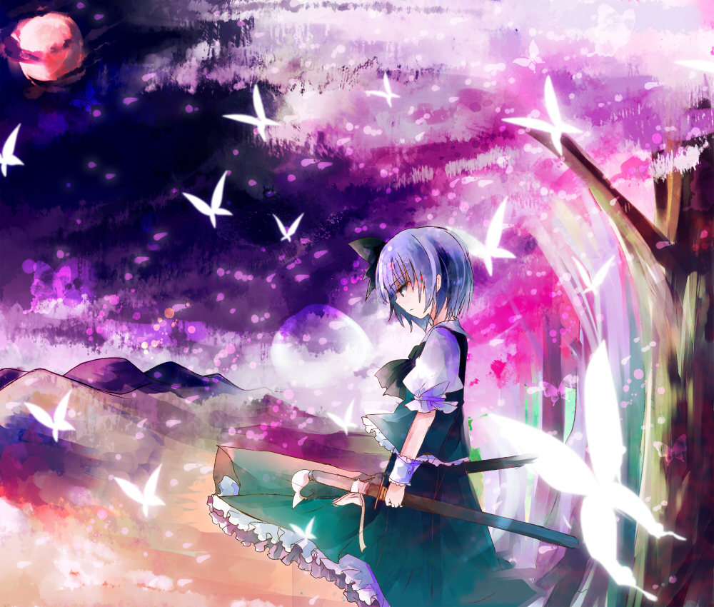 bad_id bad_pixiv_id bow bug butterfly colorful ghost hair_bow insect kazu_(muchuukai) konpaku_youmu konpaku_youmu_(ghost) purple_eyes short_hair silver_hair solo sword touhou tree weapon