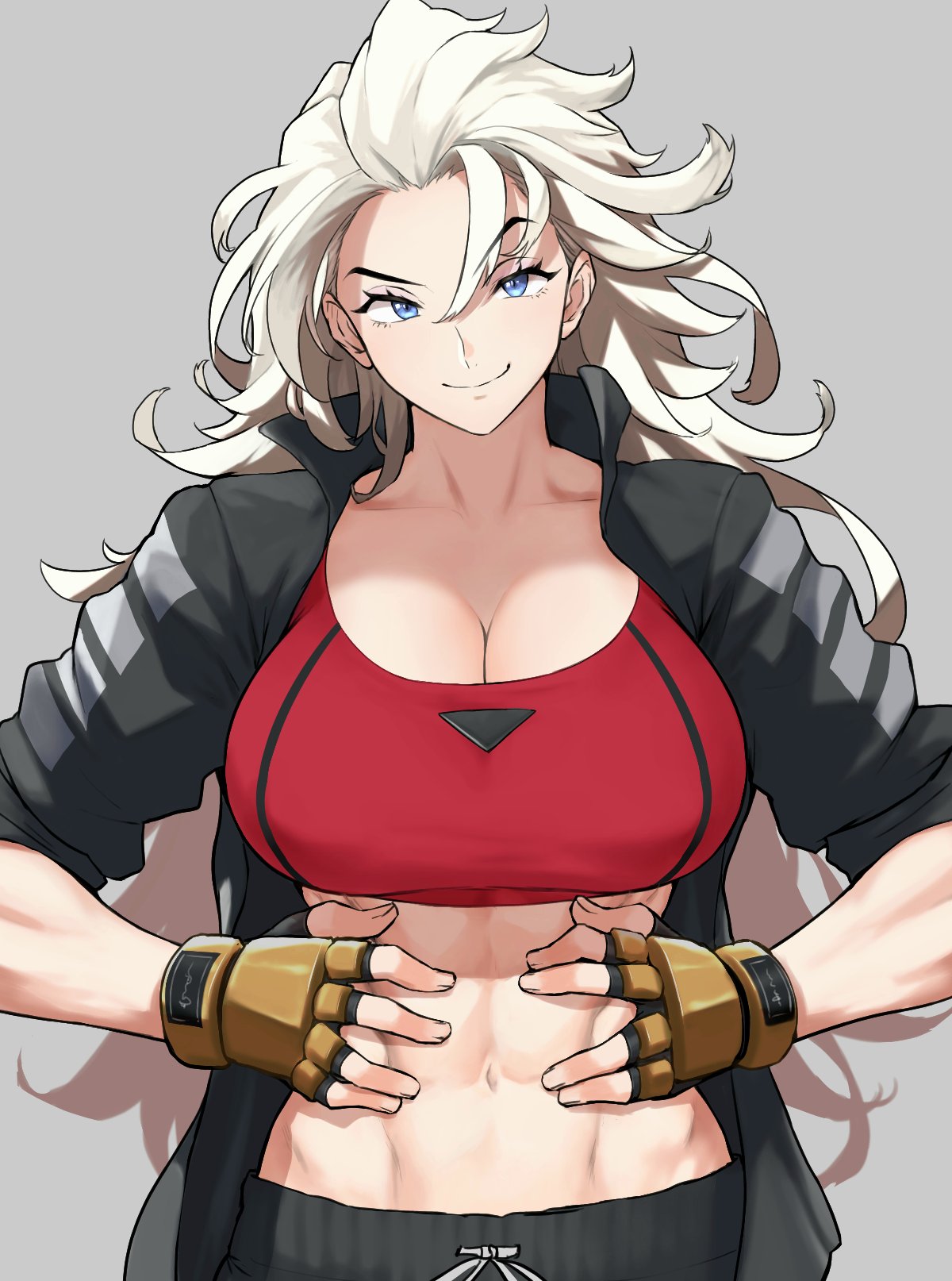 anagumasan blonde_hair blue_eyes breasts closed_mouth commentary_request crop_top fingerless_gloves gloves hands_on_stomach highres jacket kunio-kun_series large_breasts long_hair marion_(double_dragon) muscular muscular_female open_clothes pants river_city_girls sleeves_rolled_up smile solo