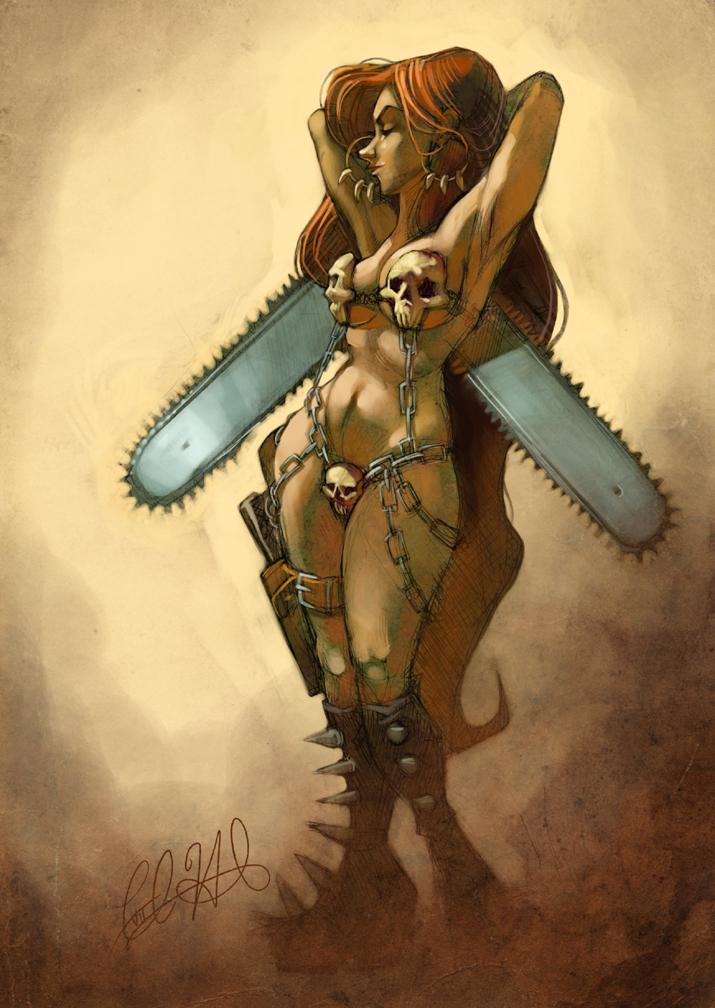 boots chainsaw female frank_frazetta human parody shoomlah skimpy skull unconvincing_armour wide_hips