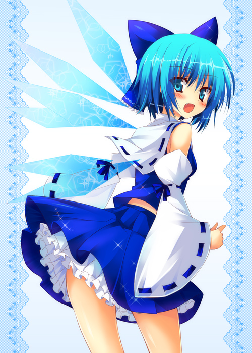 blue_eyes blue_hair cirno cosplay hakurei_reimu hakurei_reimu_(cosplay) huei_nazuki solo touhou wings