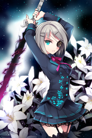 aqua_eyes arms_up blade energy_sword eyepatch flower garter_belt garters iri_flina lily_(flower) lowres nardack short_hair silver_hair skirt solo sword sword_girls thighhighs weapon zettai_ryouiki