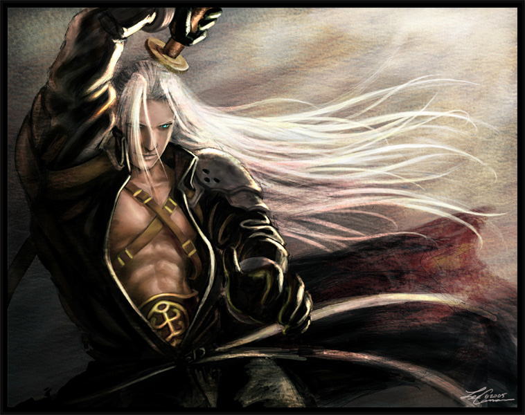 final_fantasy final_fantasy_vii sephiroth sword weapon white_hair