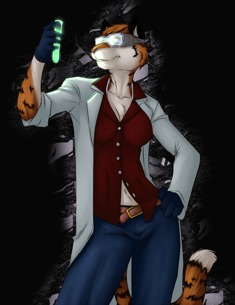 black_background chest_tuft faint feline female gloves glowing goggles hand_on_hip lab_coat reanimator science scientist solo standing tail test_tube tiger unbuttoned