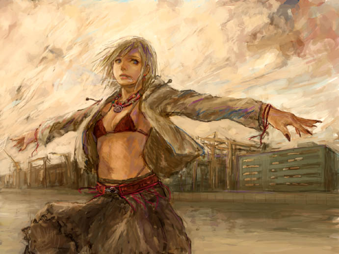 bikini_top blonde_hair cigarette city crane jewelry midriff necklace open_clothes open_shirt original outstretched_arms realistic shirt short_hair skirt smoking solo spread_arms tori_(qqqt)