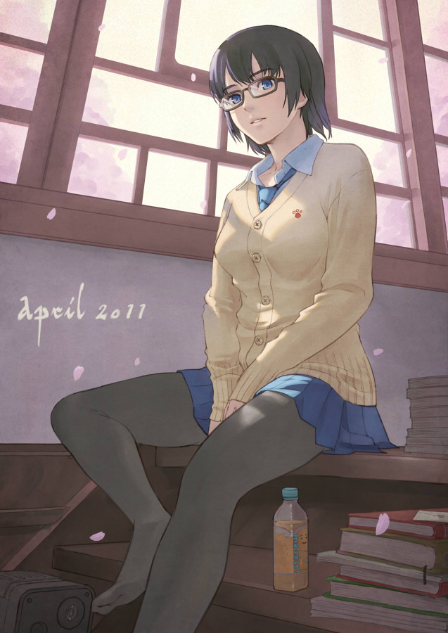 between_thighs black_hair blue_eyes book bottle box cherry_blossoms face feet glasses letter light_smile lips looking_down necktie no_shoes original pantyhose paw_print pleated_skirt school_uniform sitting skirt solo stairs sweater tantaka text_focus