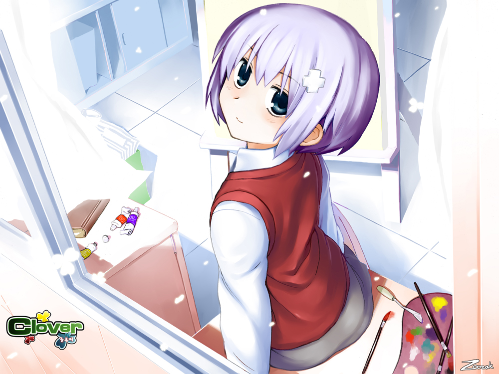 art_brush blue_eyes book character_request clover_(game) fortesoft hair_ornament hairclip looking_up paint paintbrush palette palette_knife petals purple_hair school_uniform short_hair sitting smile solo table tube window zoozak
