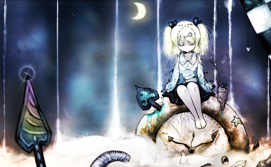 analog_clock bad_id bad_pixiv_id barrette bow clock closed_eyes crescent_moon dress hair_bow heart jewelry koohee long_sleeves moon necklace original short_twintails sitting smile solo space twintails weapon