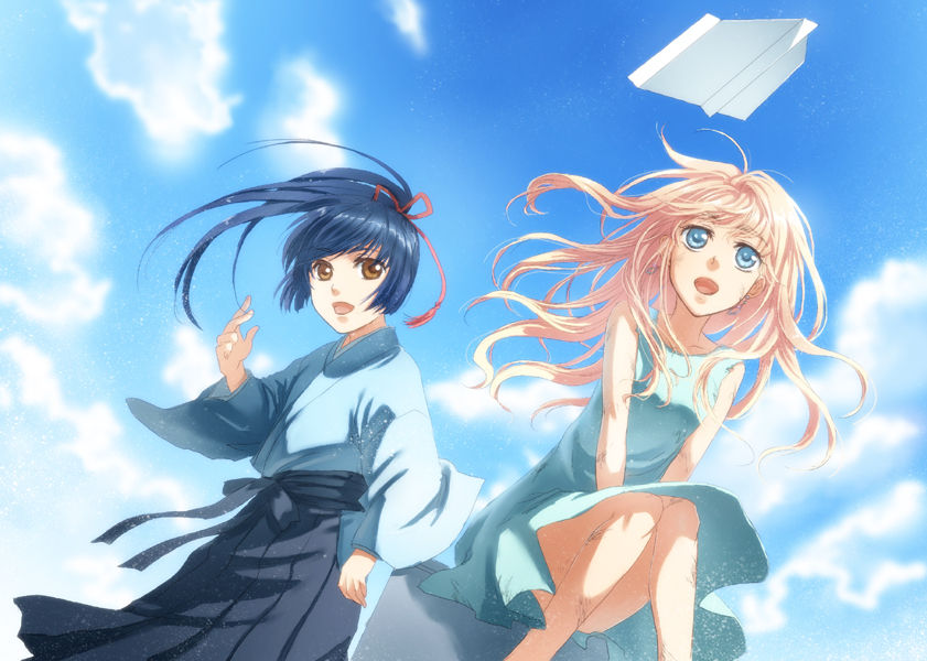 1girl blonde_hair blue_eyes blue_hair brown_eyes cloud day dress earrings japanese_clothes jewelry kimono kunimoto_ori long_hair macross macross_frontier open_mouth paper_airplane saotome_alto sheryl_nome sky younger