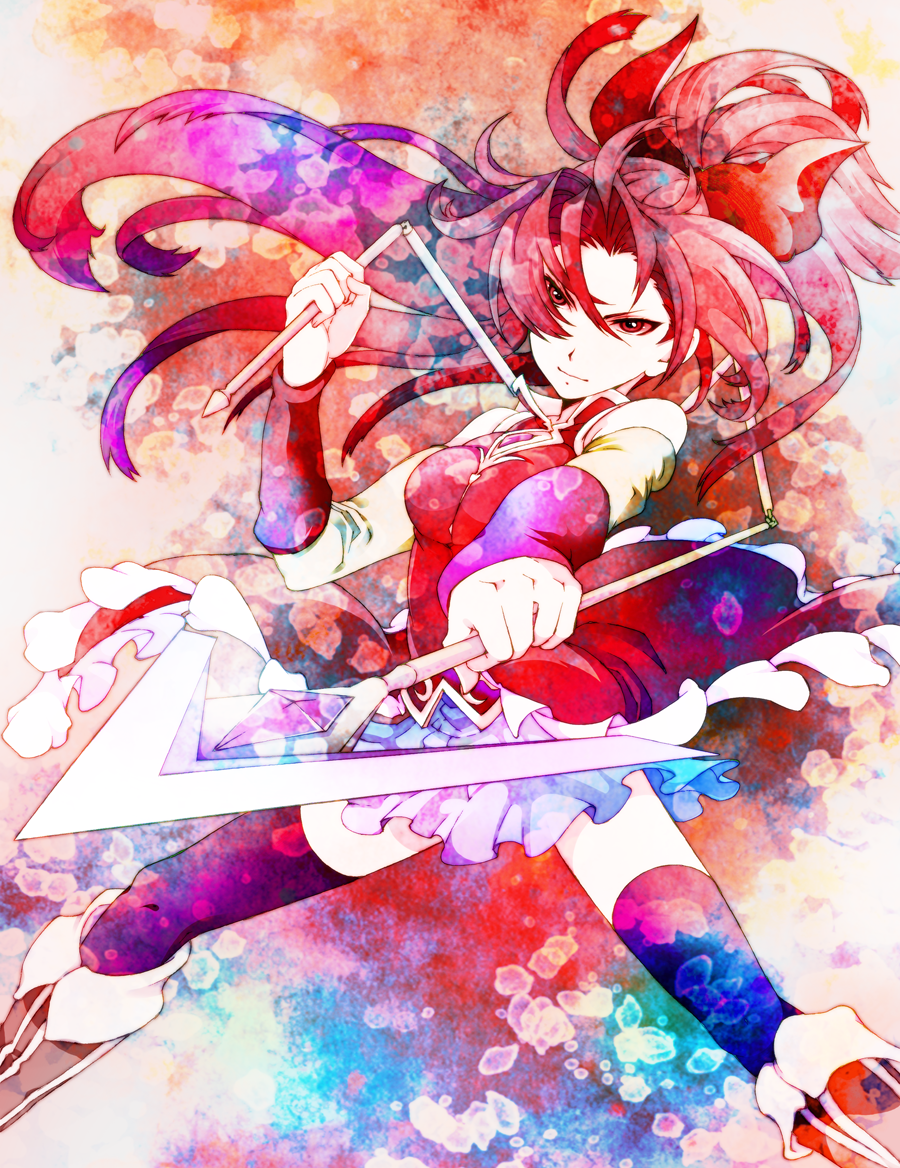 bare_shoulders boots detached_sleeves ichizen_(o_tori) long_hair magical_girl mahou_shoujo_madoka_magica polearm ponytail red_eyes red_hair sakura_kyouko solo spear thighhighs weapon
