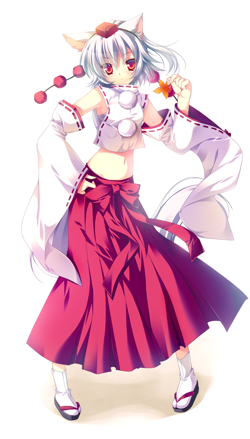 animal_ears bad_id bad_pixiv_id bare_shoulders clog_sandals detached_sleeves futaori_arisa hakama hat highres inubashiri_momiji japanese_clothes leaf looking_at_viewer maple_leaf midriff navel pigeon-toed red_eyes red_hakama sarashi short_hair silver_hair simple_background solo standing tabi tail tokin_hat touhou white_hair wide_sleeves wolf_ears wolf_tail