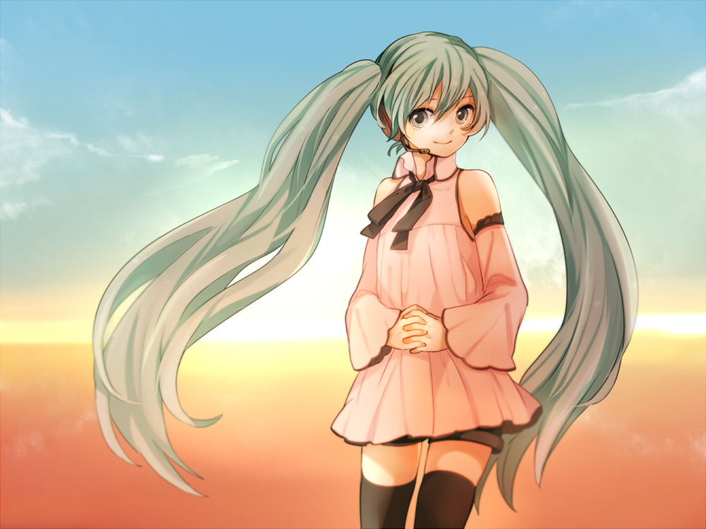 aqua_eyes aqua_hair detached_sleeves hands_together hatsune_miku headphones long_hair own_hands_together smile solo tama_(songe) thighhighs twintails vocaloid zettai_ryouiki