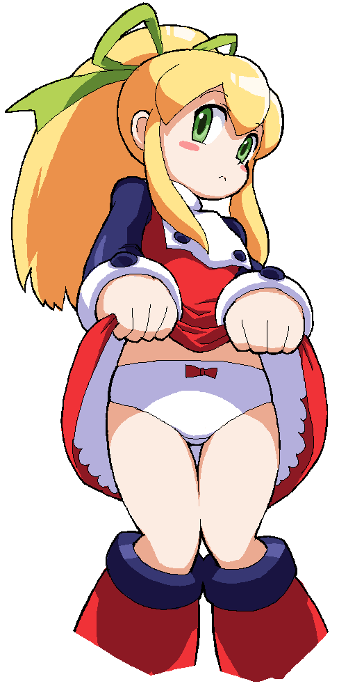 bad_id bad_pixiv_id blonde_hair boots bow bow_panties dress green_eyes knee_boots kotomozou long_hair panties ponytail red_bow red_dress red_skirt rockman roll skirt skirt_lift solo underwear white_panties